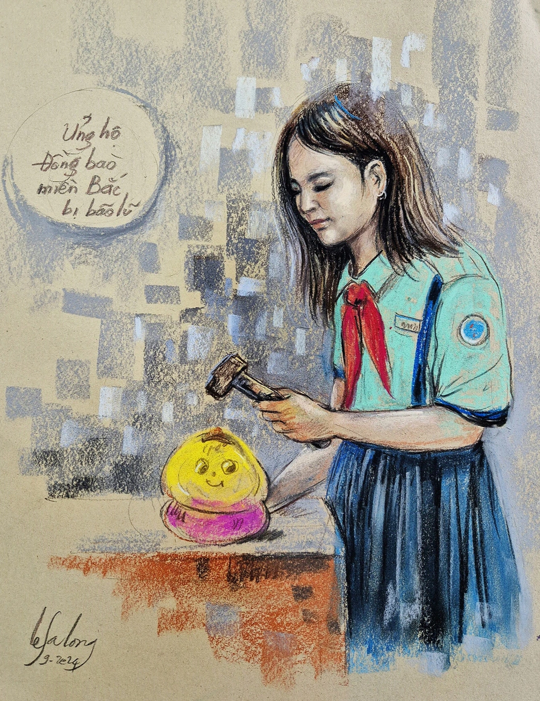 A painting by artist Le Sa Long depicts Nguyen Huynh Bao Nhi, a student of Kien Thiet Middle School in District 3, Ho Chi Minh City, donating all of her savings to people hurt by typhoon Yagi in the north.