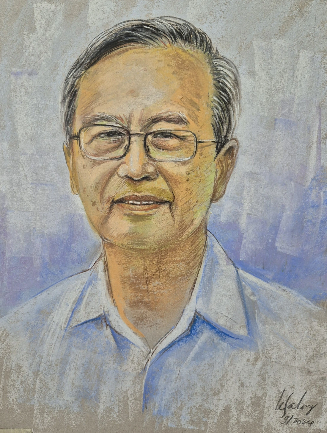 A painting by artist Le Sa Long depicts Prof. Dr. Le Ngoc Thach, who donated a savings book worth VND1 billion (US$40,716) through Tuoi Tre newspaper to support people affected by typhoon Yagi in northern Vietnam.