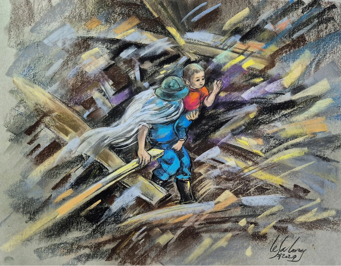 A painting by artist Le Sa Long depicts a child saved from a landslide in Lao Cai Province.