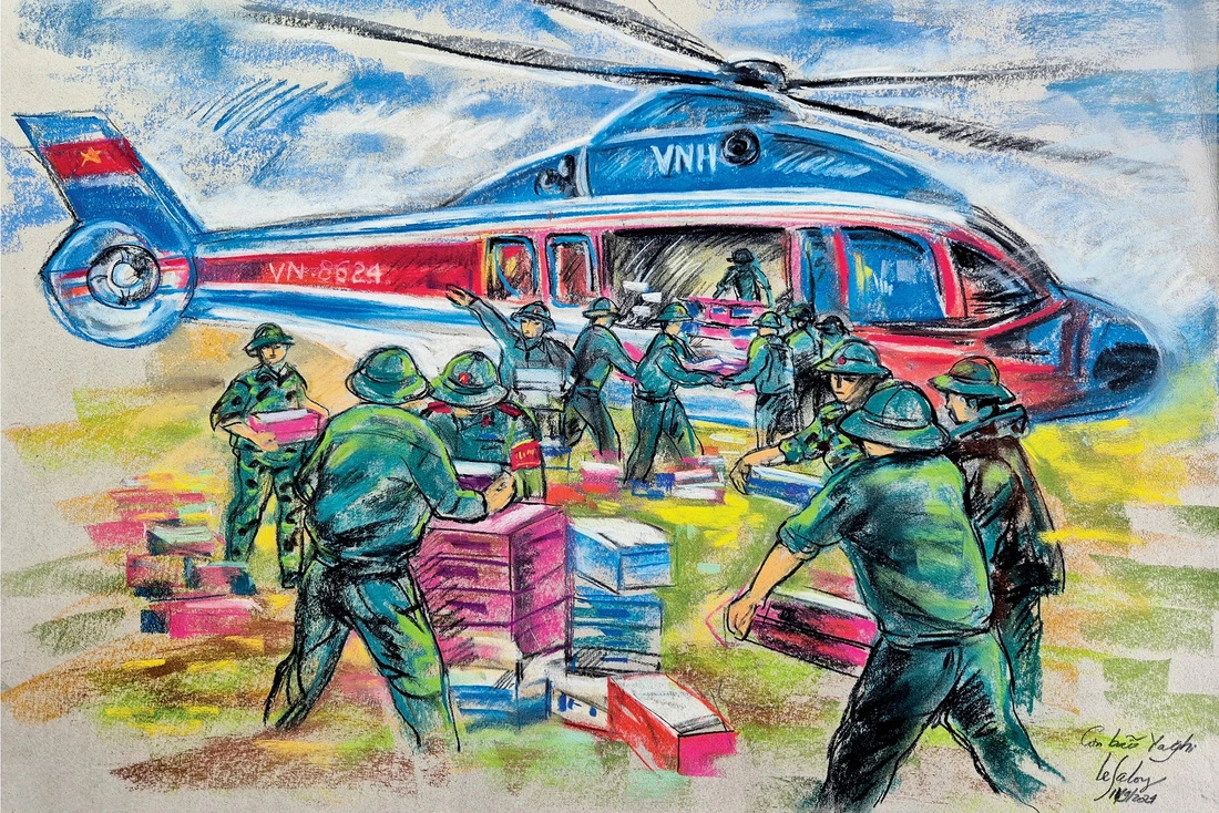 A painting by artist Le Sa Long depicts a helicopter carrying relief to Cao Bang Province, northern Vietnam.