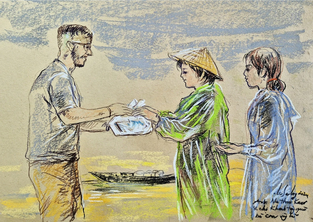 A painting by artist Le Sa Long depicts Nathan Keers, of British nationality, giving food to people in a flooded area in Thai Nguyen Province, northern Vietnam.