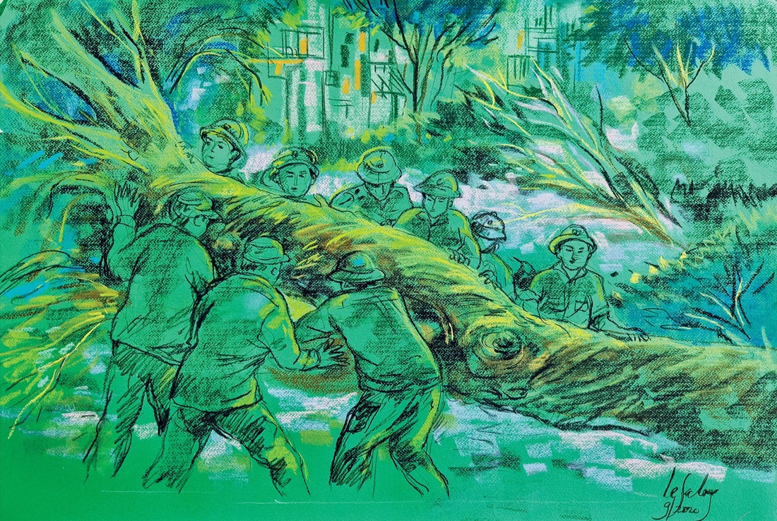 A painting by artist Le Sa Long depicts military officers helping residents restore their lives after the typhoon.