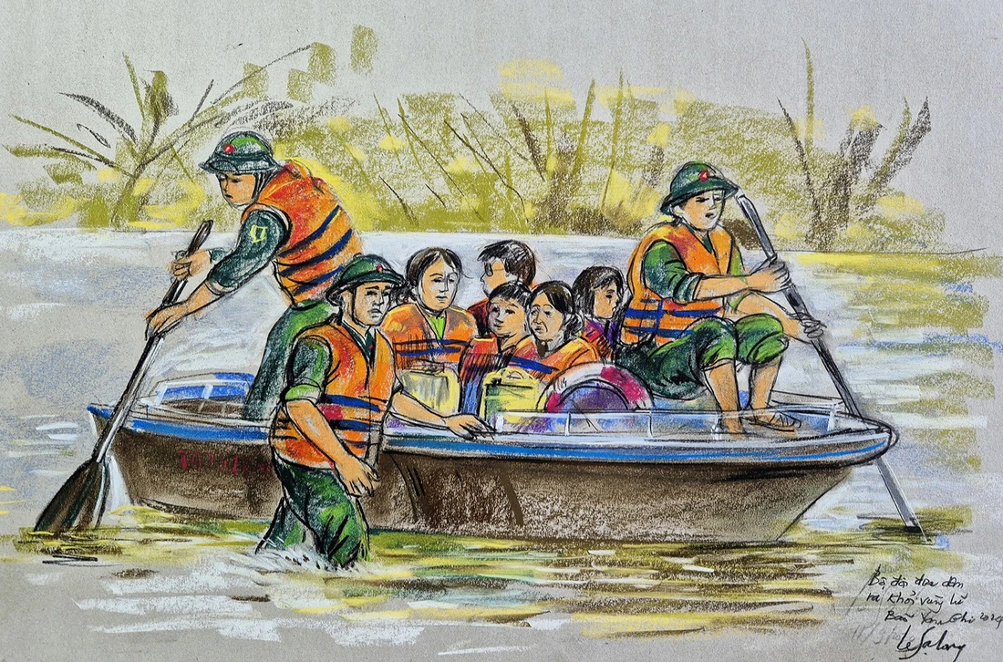 A painting by artist Le Sa Long depicts military officers evacuating residents to safety.