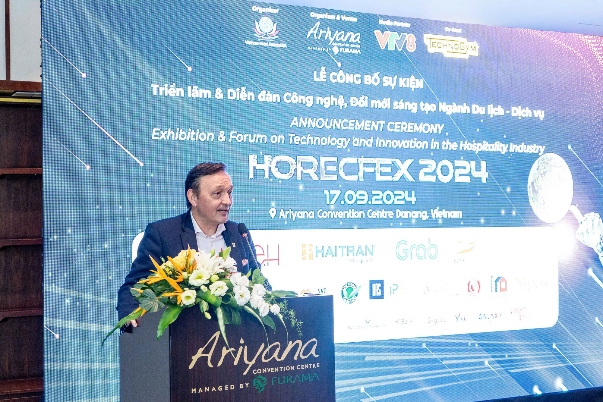 Andre Pierre, general director of the Furama - Ariyana Danang International Tourism Complex, speaks at a press briefing for HORECFEX Vietnam 2024 in Da Nang City, central Vietnam, September 17, 2024. Photo: Nguyen Tin / Tuoi Tre