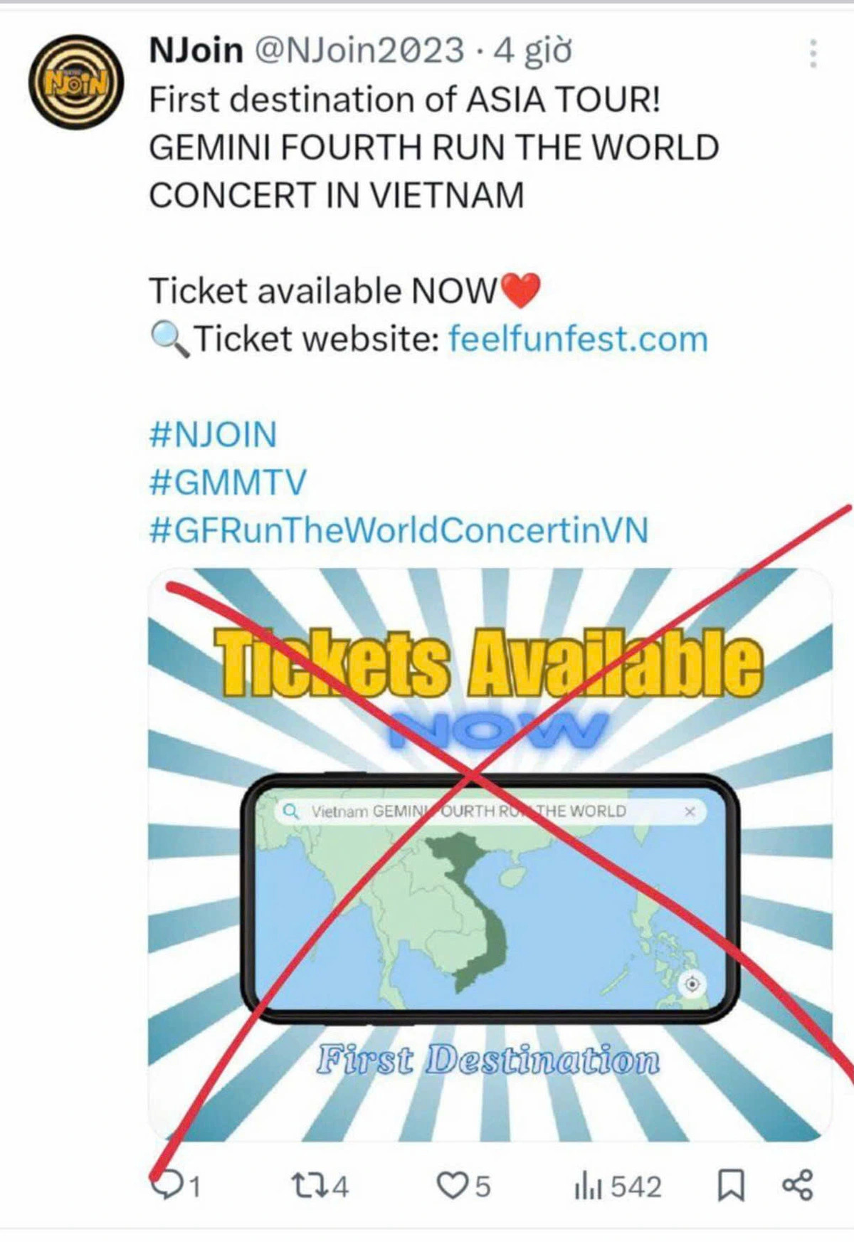 oin’s original Facebook post about the Gemini Fourth Runs the World Concert in Vietnam, which shows a map of Vietnam without the Hoang Sa (Paracel) and Truong Sa (Spratly) archipelagos in the East Vietnam Sea. Omitting these archipelagos is widely considered a violation of Vietnam’s territorial sovereignty.