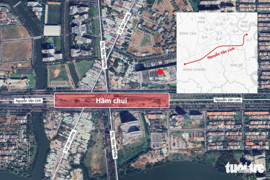 A graphic shows the construction site of the Nguyen Van Linh - Nguyen Huu Tho Tunnel project, which is near the degraded road stretch. Graphic: Phuong Nhi / Tuoi Tre