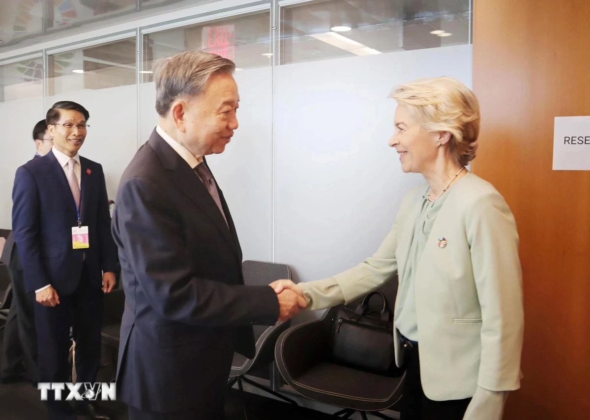 Vietnam's Party General Secretary and State President To Lam (L, 2nd) shakes hands with President of the European Commission Ursula von der Leyen in New York, September 24, 2024. Photo: Vietnam News Agency