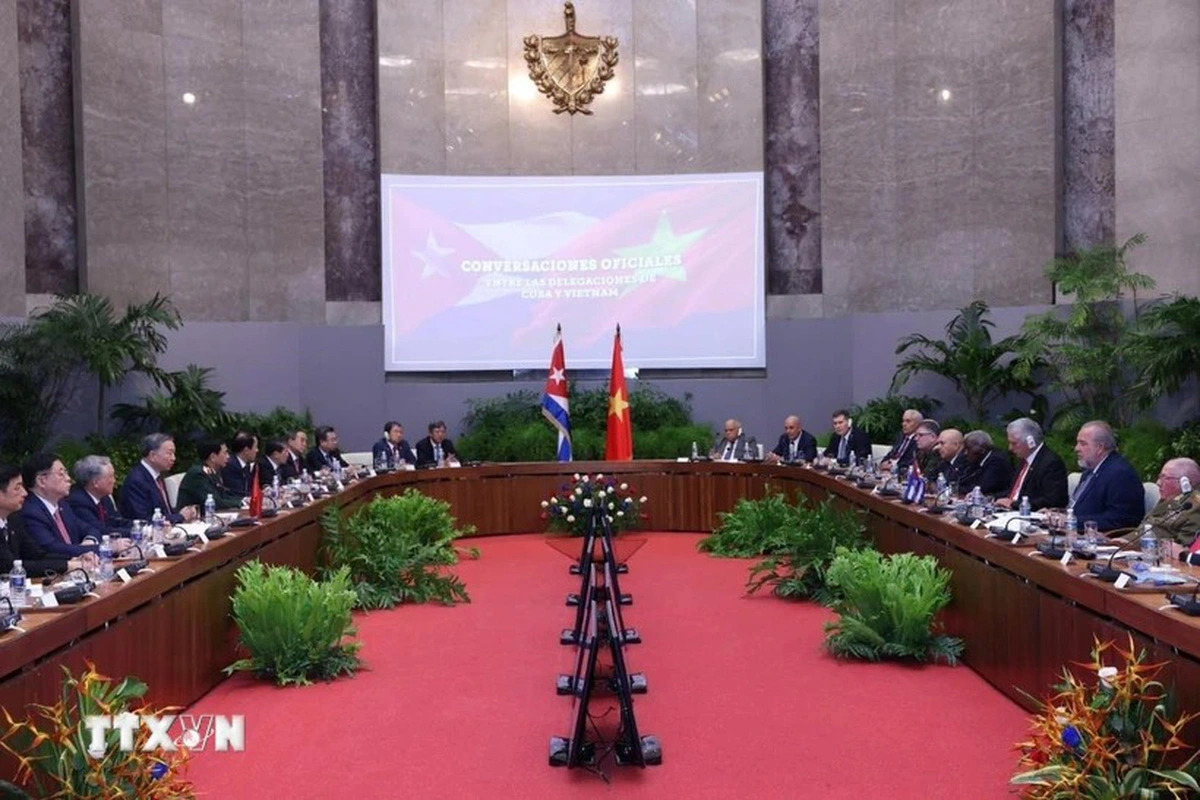 An overview of the talks between Vietnamese Party General Secretary and State President To Lam (L) and First Secretary of the Communist Party of Cuba Central Committee and President of Cuba Miguel Diaz-Canel Bermudez in Havana on September 26, 2024. Photo: Vietnam News Agency