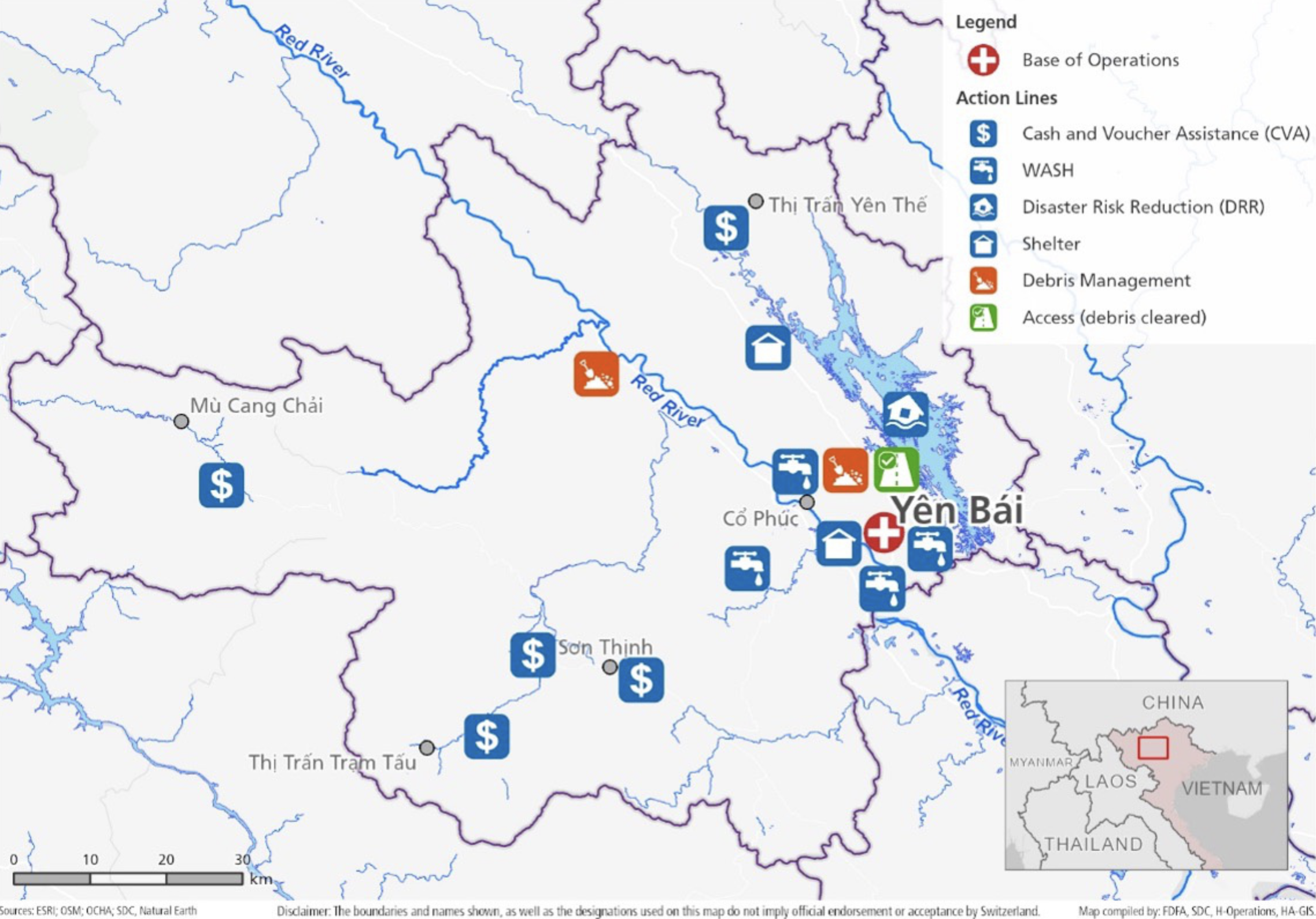 A map details locations in Yen Bai Province enjoying supplies from Switzerland. Photo: Embassy of Switzerland in Vietnam