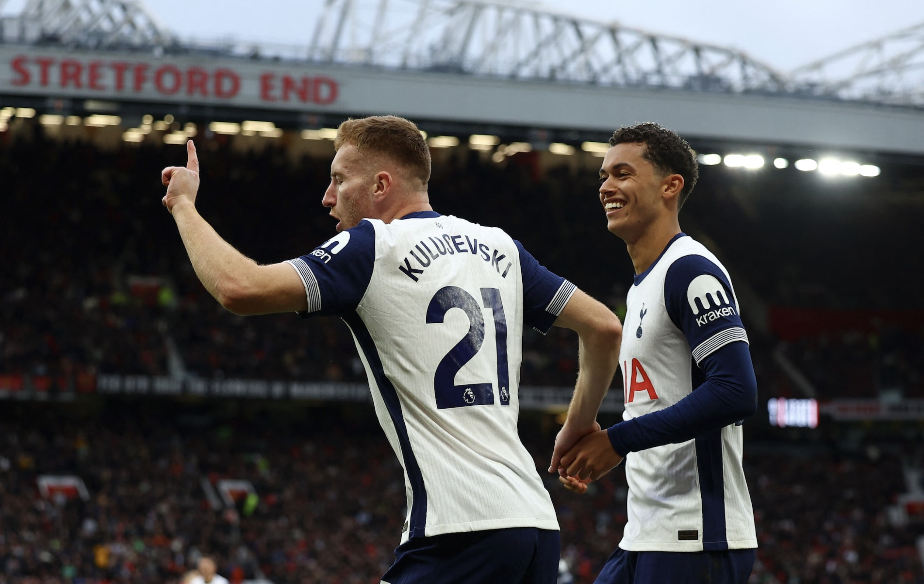 Soccer Football - Premier League - Manchester United v Tottenham Hotspur - Old Trafford, Manchester, Britain - September 29, 2024 Tottenham Hotspur's Dejan Kulusevski celebrates scoring their second goal with Brennan Johnson. Photo: Reuters