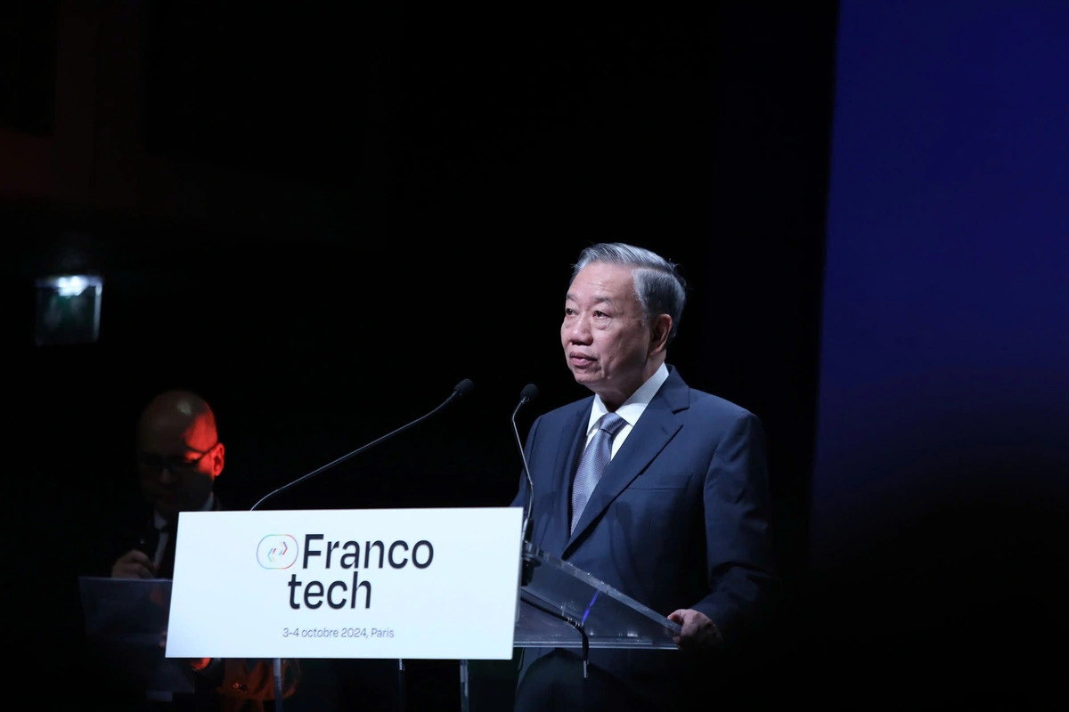 Vietnamese Party General Secretary and State President To Lam speaks at the FrancoTech 2024, a business forum for innovation, in Paris, France, on October 4, 2024. Photo: Nguyen Hong / Tuoi Tre