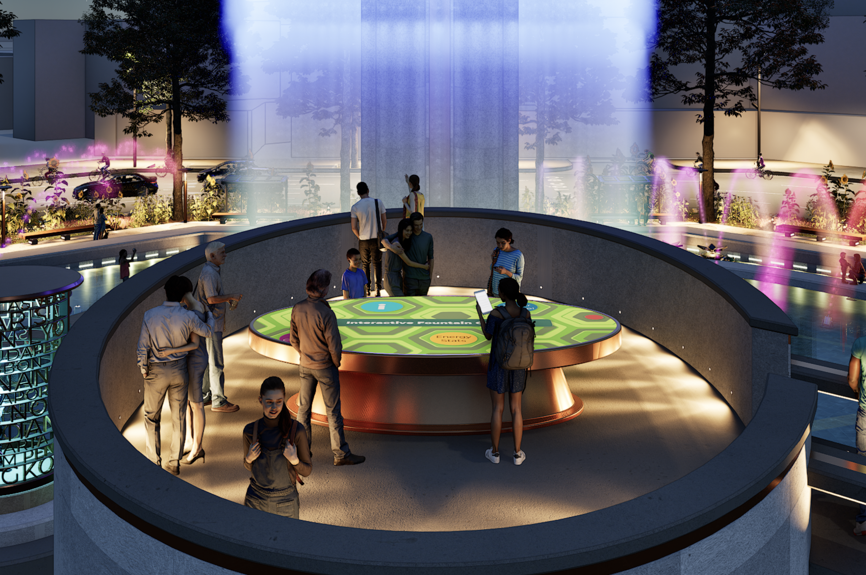 A console allows tourists to change the color of the light and the system of water fountains