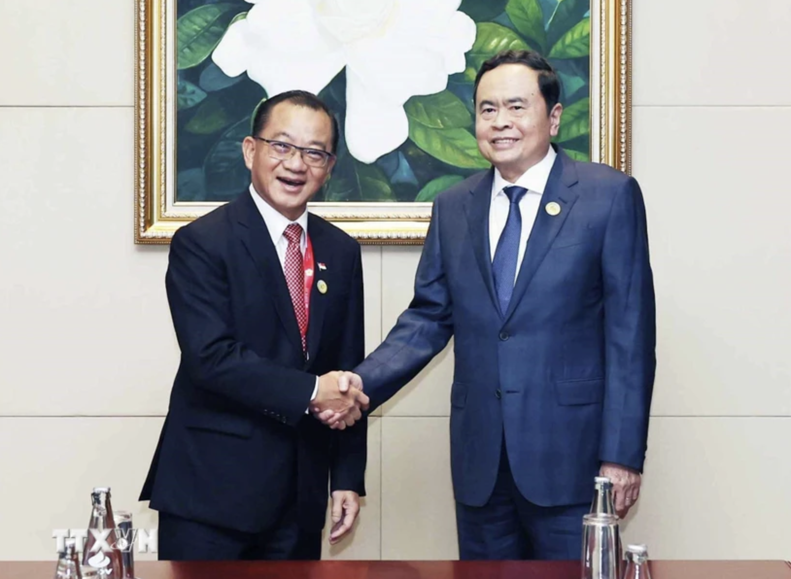 Vietnamese National Assembly Chairman Tran Thanh Man (R) meets with his Singaporean counterpart Seah Kian Peng in Vientiane on October 19, 2024. Photo: Vietnam News Agency