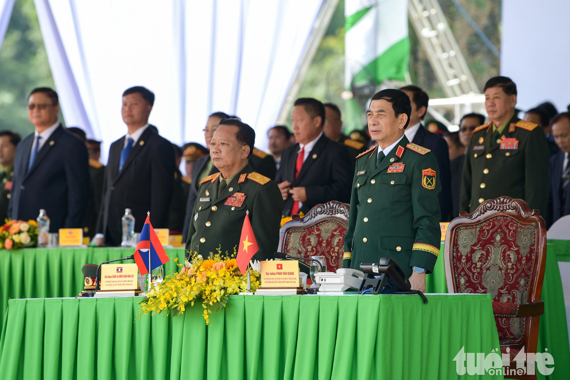 General Phan Van Giang (R), Deputy Secretary of the Central Military Commission and Minister of National Defense, and Lao Deputy Prime Minister and Minister of National Defense Chansamone Chanyalath co-direct a joint exercise on combating cross-border drug crimes in Son La Province, northern Vietnam, October 22, 2024. Photo: Nam Tran / Tuoi Tre