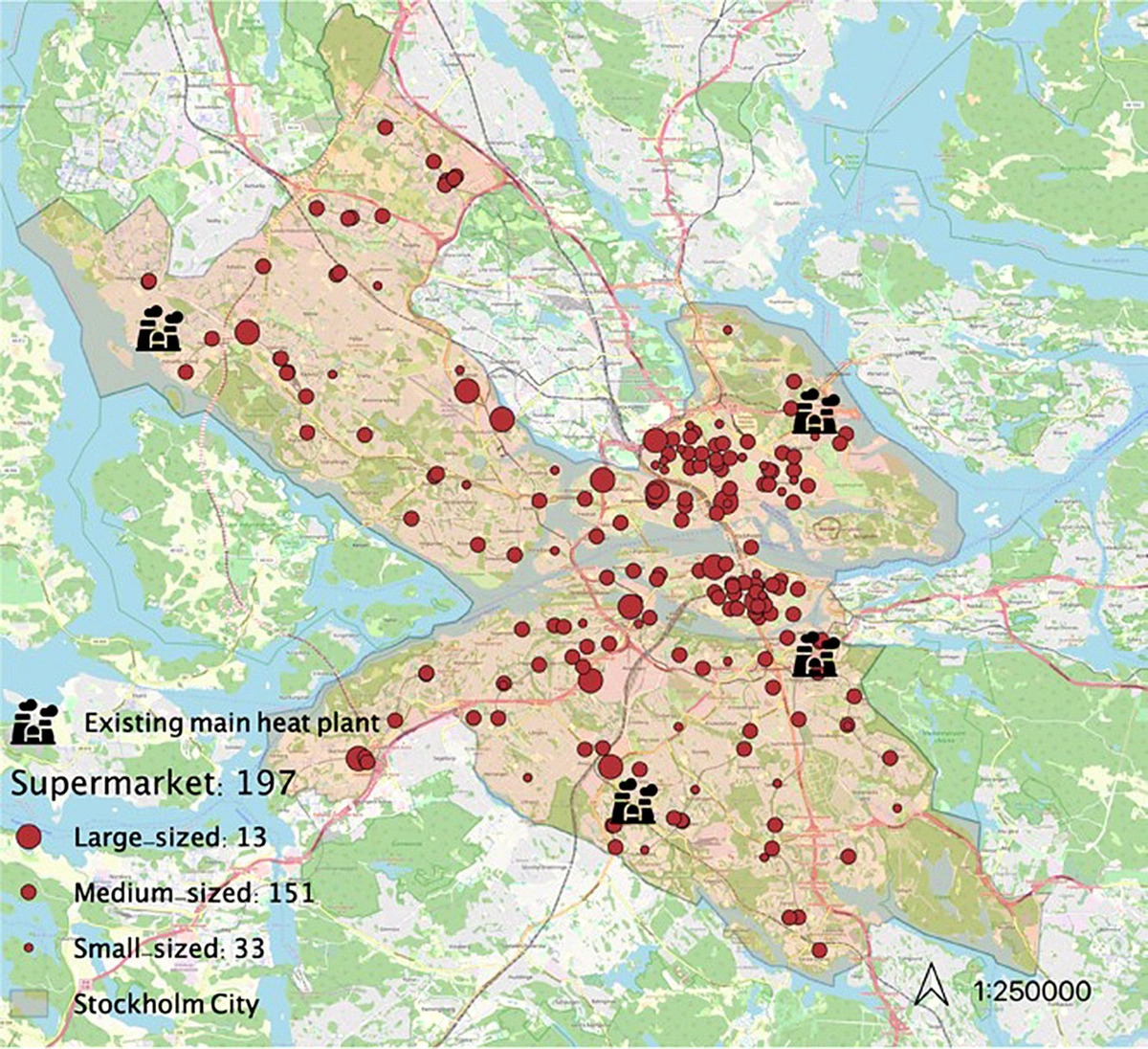 A map showing the locations of existing main heat plants in Stockholm, Sweden, and supermarkets receiving heating energy from these plants. Photo: Elsevier