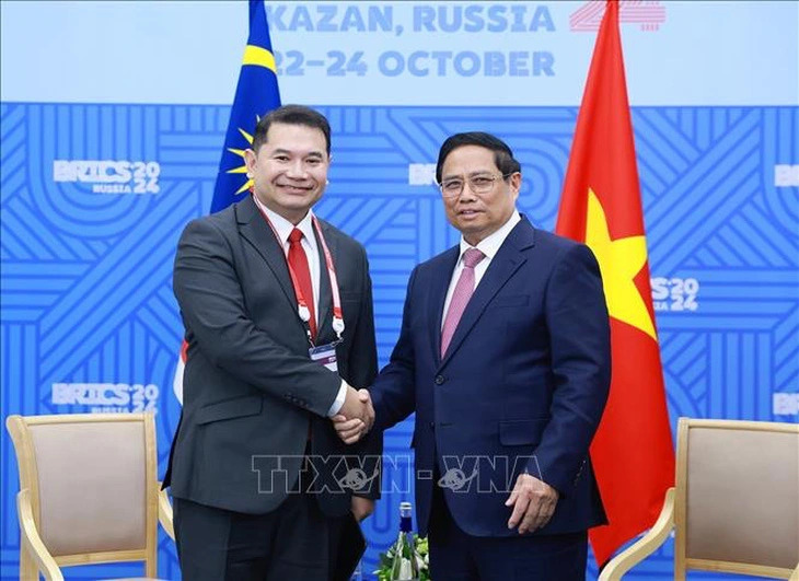 Vietnamese Prime Minister Pham Minh Chinh (R) shakes hands with Malaysian Economy Minister Rafizi Ramli in their meeting on the sidelines of the expanded BRICS Summit in Kazan, Russia, October 24, 2024. Photo: Vietnam News Agency