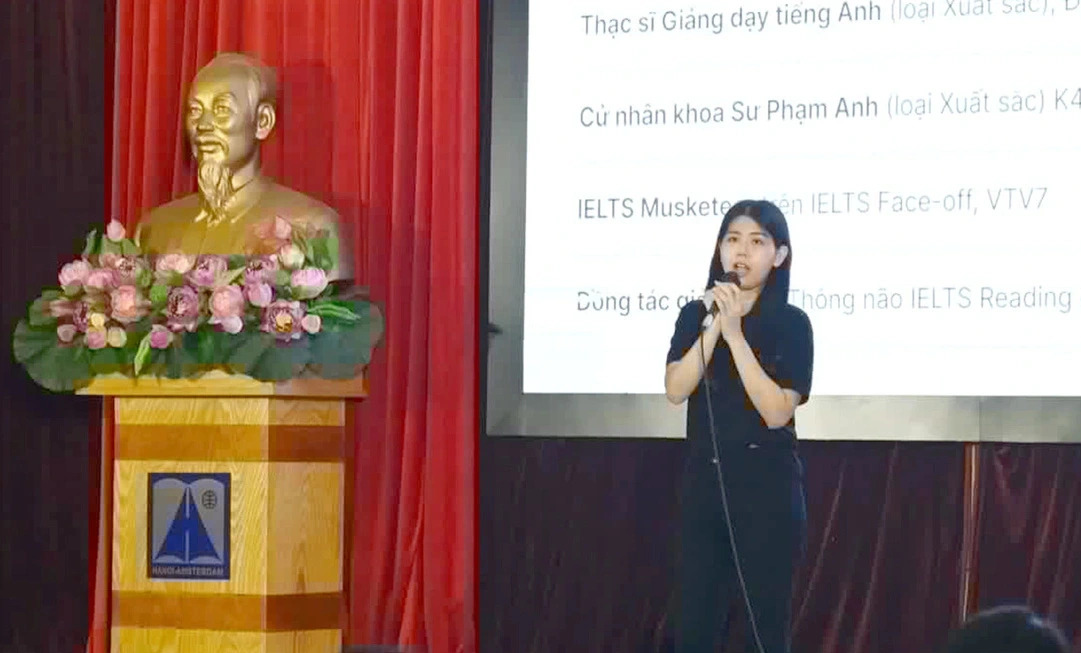 Ha Dang Nhu Quynh is delivering a speech at an English teacher training event for high school educators in Hanoi, August 2024. Photo: Supplied