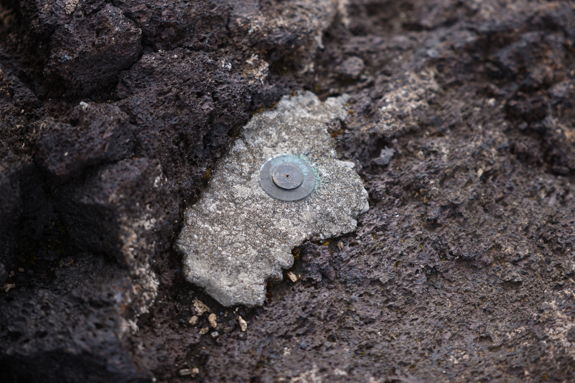 Scientists use fixed metal survey markers like this one to measure changes in Askja’s position over time. Photo: Reuters