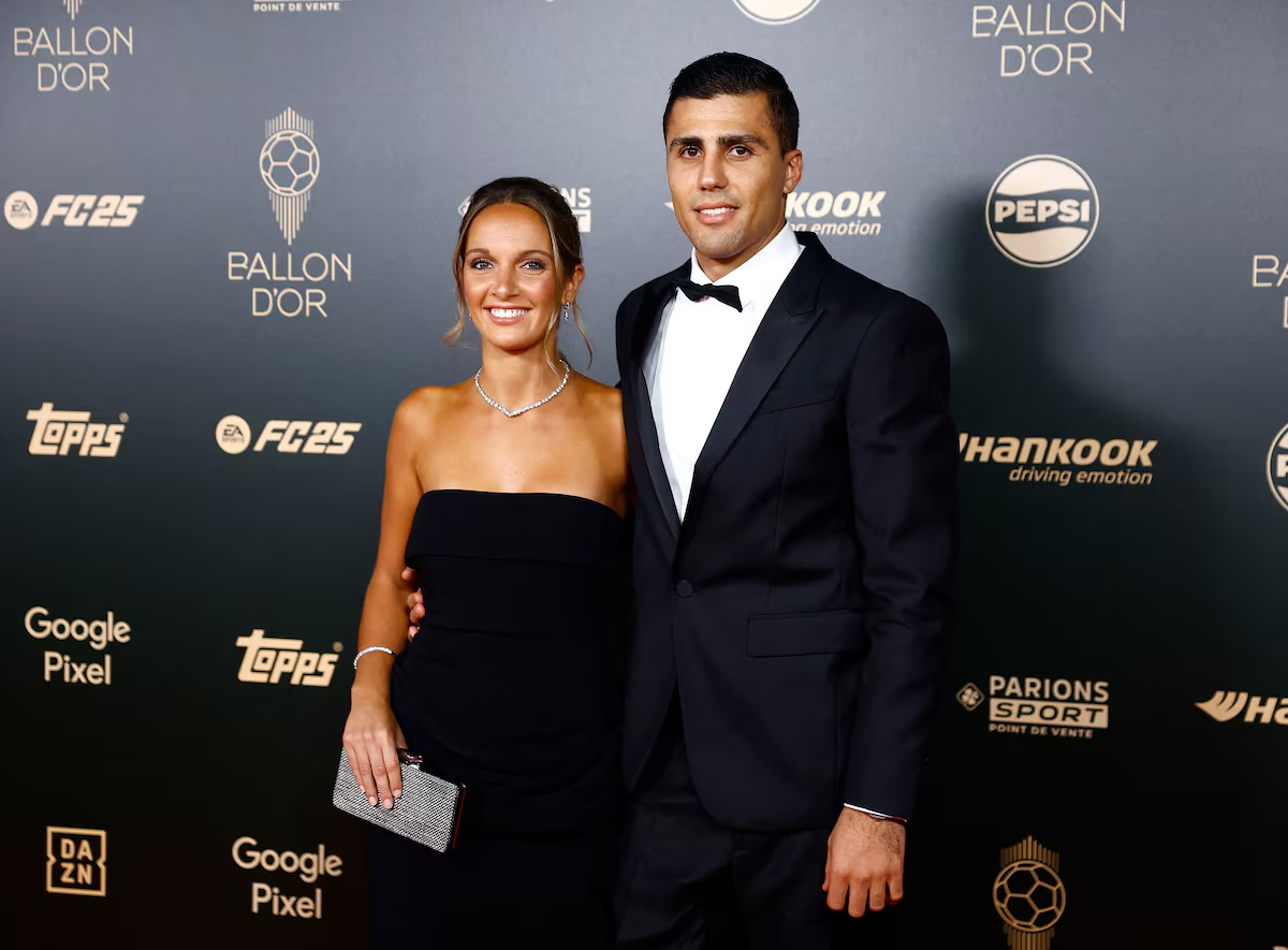 Soccer Football - Ballon d'Or - Arrivals - Theatre du Chatelet, Paris, France - October 28, 2024 Spain's Rodri with Laura Iglesias. Photo: Reuters