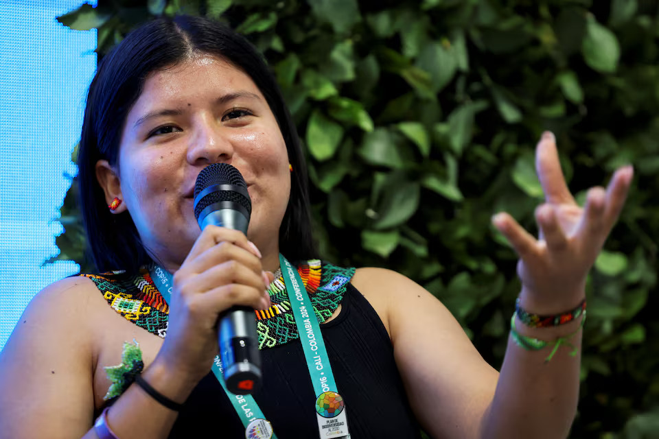 Deisy Brigitte Escobar Piaguaje, Zio Bain indigenous woman from the Buenavista reservation, Ecuador, speaks during a press conference at the 16th United Nations Biodiversity Summit (COP16), in Yumbo, Colombia October 31, 2024. Photo: Reuters