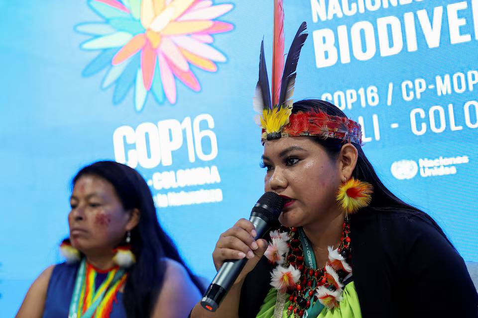 Jhajayra Machoa Mendua, leader of the A'I Cofan nationality, speaks during a press conference at the 16th United Nations Biodiversity Summit (COP16), in Yumbo, Colombia October 31, 2024. Photo: Reuters