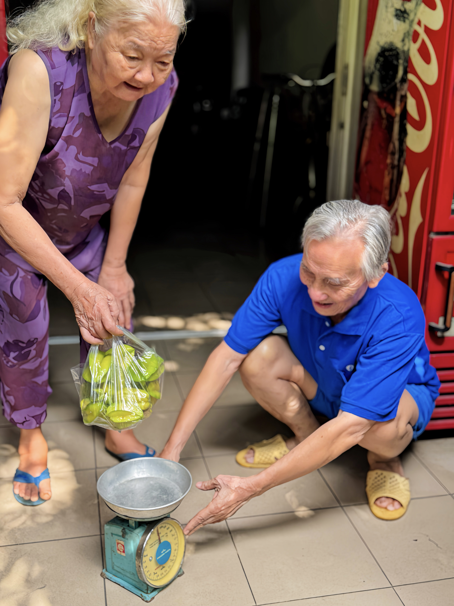 After picking star fruit, the elderly woman and her husband sell them to a customer. Photo: Huynh Thi Tuyet Linh