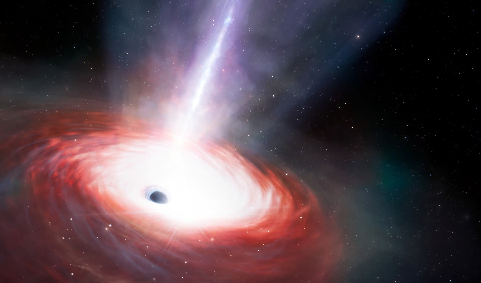 An artist's illustration shows a rapidly feeding black hole that is emitting powerful gas outflows. Using data from NASA's JWST and Chandra X-ray Observatory, a team of U.S. National Science Foundation NOIRLab astronomers have discovered this low-mass black hole at the center of a galaxy just 1.5 billion years after the Big Bang. It is accreting matter at a phenomenal rate — over 40 times the theoretical limit. While short lived, this black hole's 'feast' could help astronomers explain how supermassive black holes grew so quickly in the early Universe. Photo: NOIRLab/NSF/AURA/J. da Silva/M. Zamani/Handout via Reuters