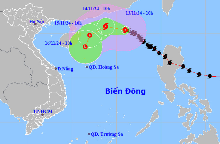 A map detailing the location and direction of Toraji, the eighth storm to hit the East Vietnam Sea in 2024, at 10:00 am on November 1, 2024. Photo: Vietnam’s National Center for Hydro-Meteorological Forecasting