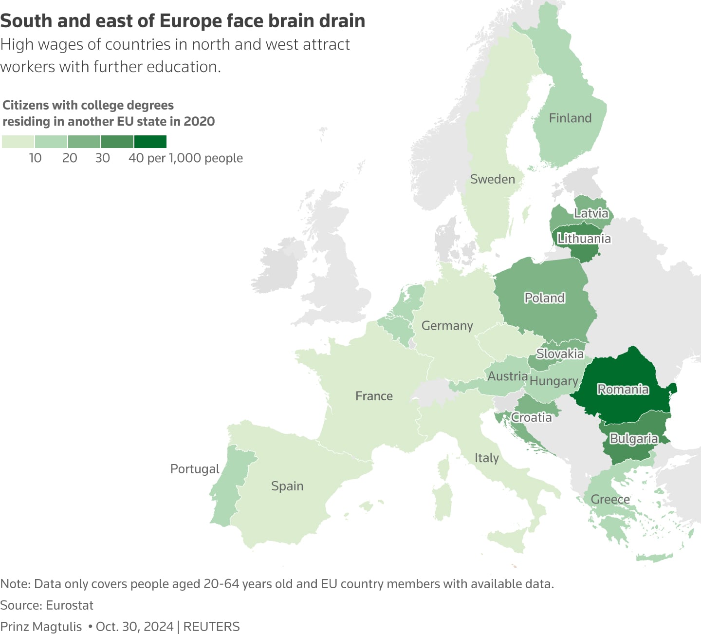 Reuters Graphics Graphic with data from Eurostat showing the number of EU citizens per 1,000 people who are residing in another EU country, while holding a college degree.