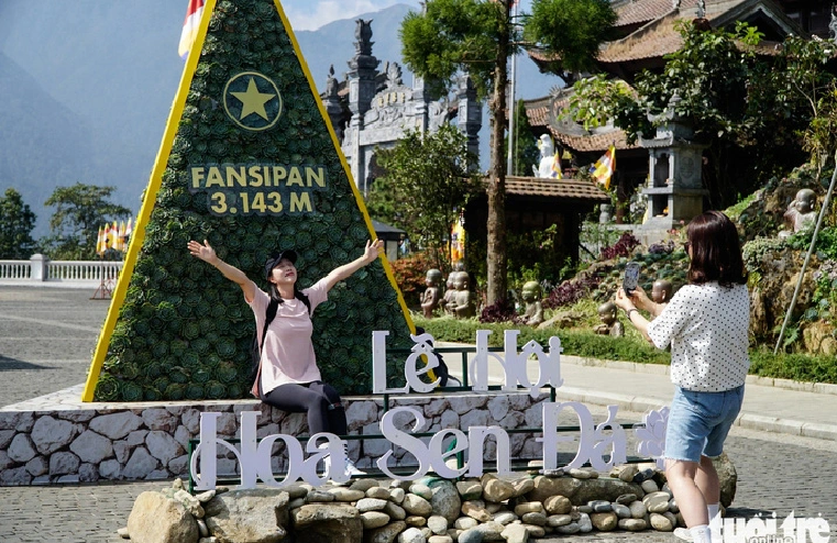 A South Korean tourist takes photos with succulents at the 2024 Fansipan succulent festival in Sa Pa Town, Lao Cai Province. Photo: Nguyen Hien / Tuoi Tre