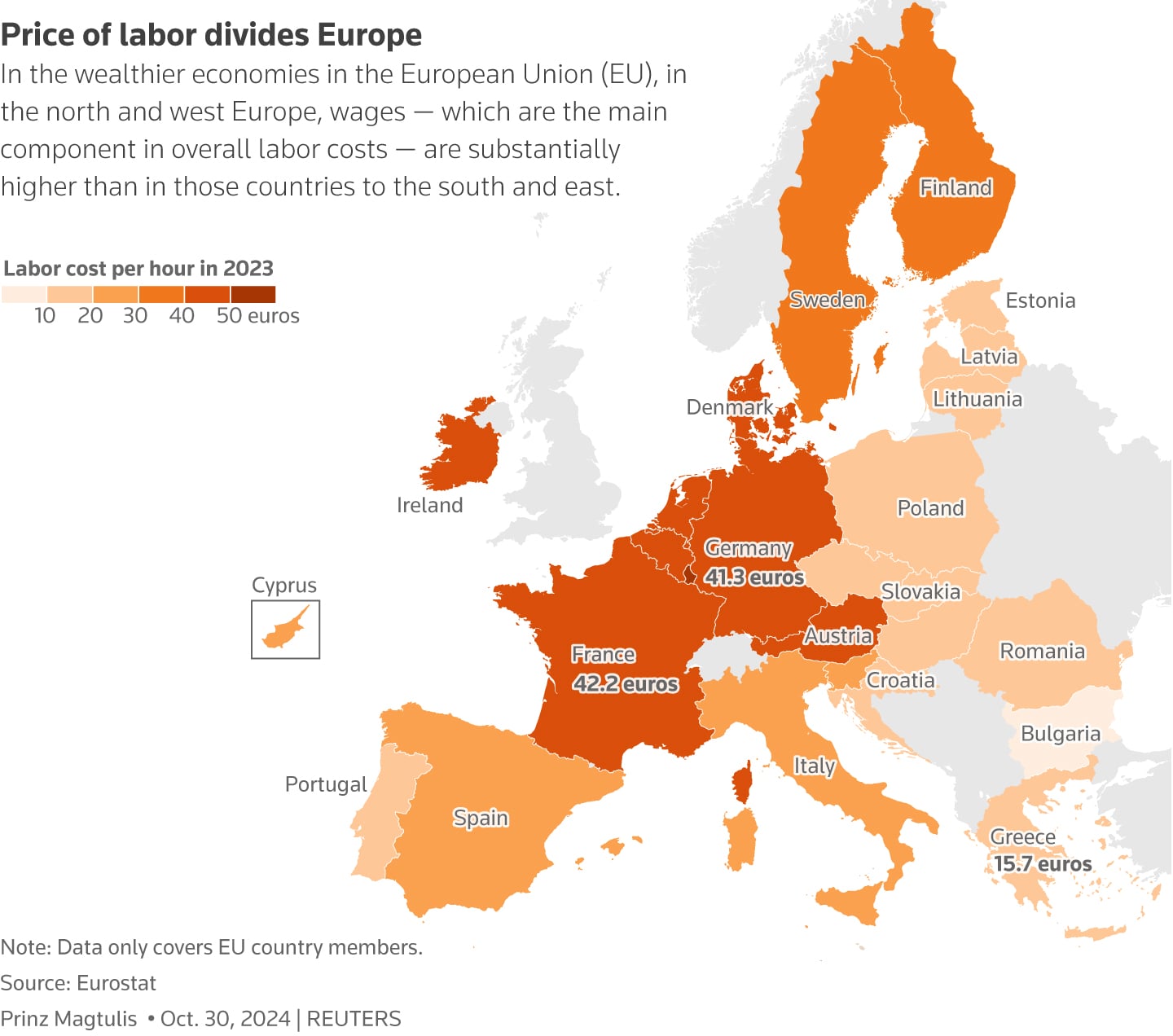 Reuters Graphics Graphic with data from Eurostat showing the labor cost per hour in the European Union in 2023.