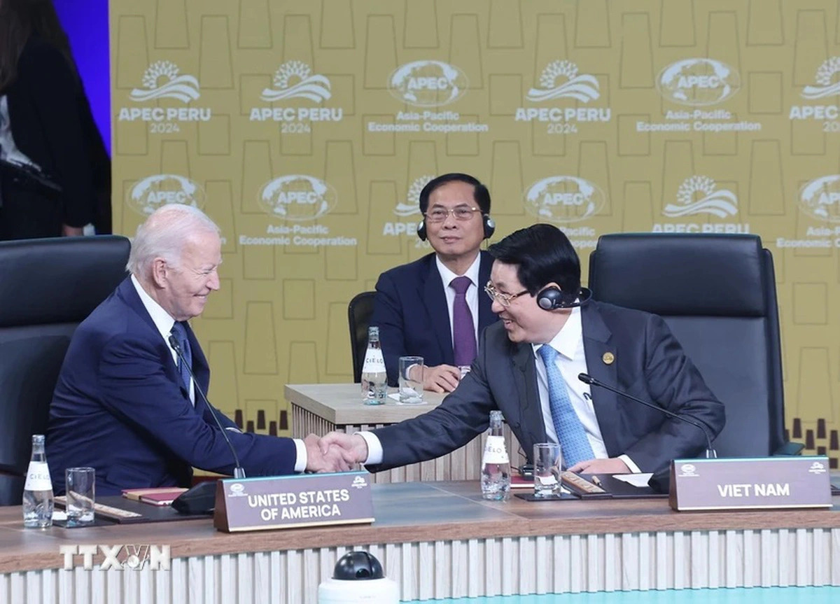 U.S. President Joe Biden (L) shakes hands with Vietnamese State President Luong Cuong at the APEC Leaders' Informal Dialogue with Guests in Lima, Peru on November 15, 2024. Photo: Vietnam News Agency