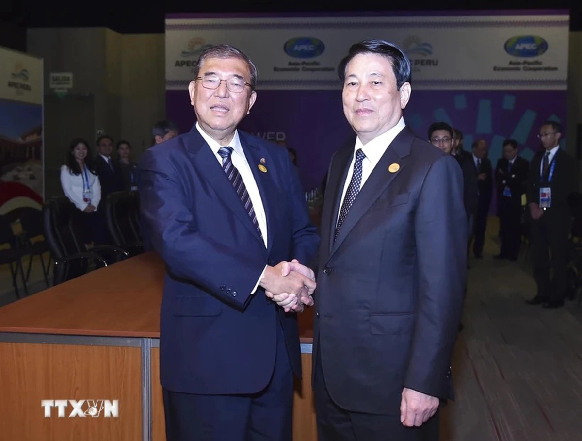 Vietnam’s State President Luong Cuong (R) shakes hands with Japanese Prime Minister Shigeru Ishiba in Peru on November 16, 2024. Photo: Vietnam News Agency