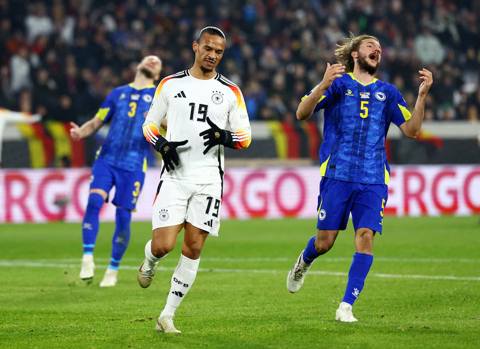 Soccer Football - Nations League - Group Stage - Germany v Bosnia and Herzegovina - Europa Park Stadion, Freiburg, Germany - November 16, 2024 Germany's Leroy Sane celebrates scoring their sixth goal. Photo: Reuters