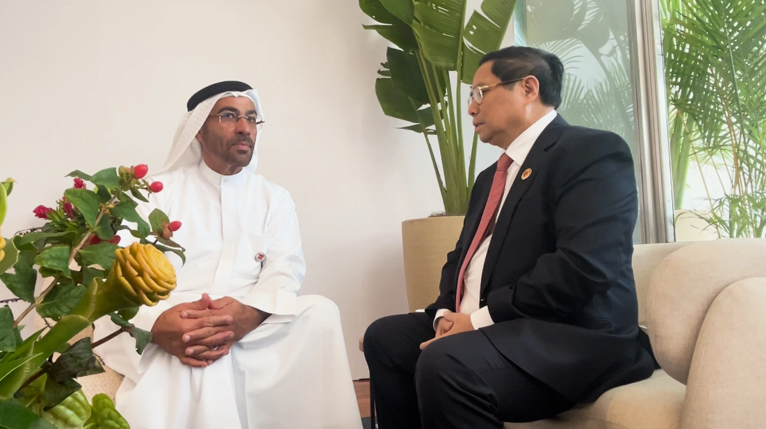 Vietnamese Prime Minister Pham Minh Chinh (R) holds talks to UAE Minister of State Ahmed Sayegh in Brazil on November 19, 2024. Photo: Doan Bac