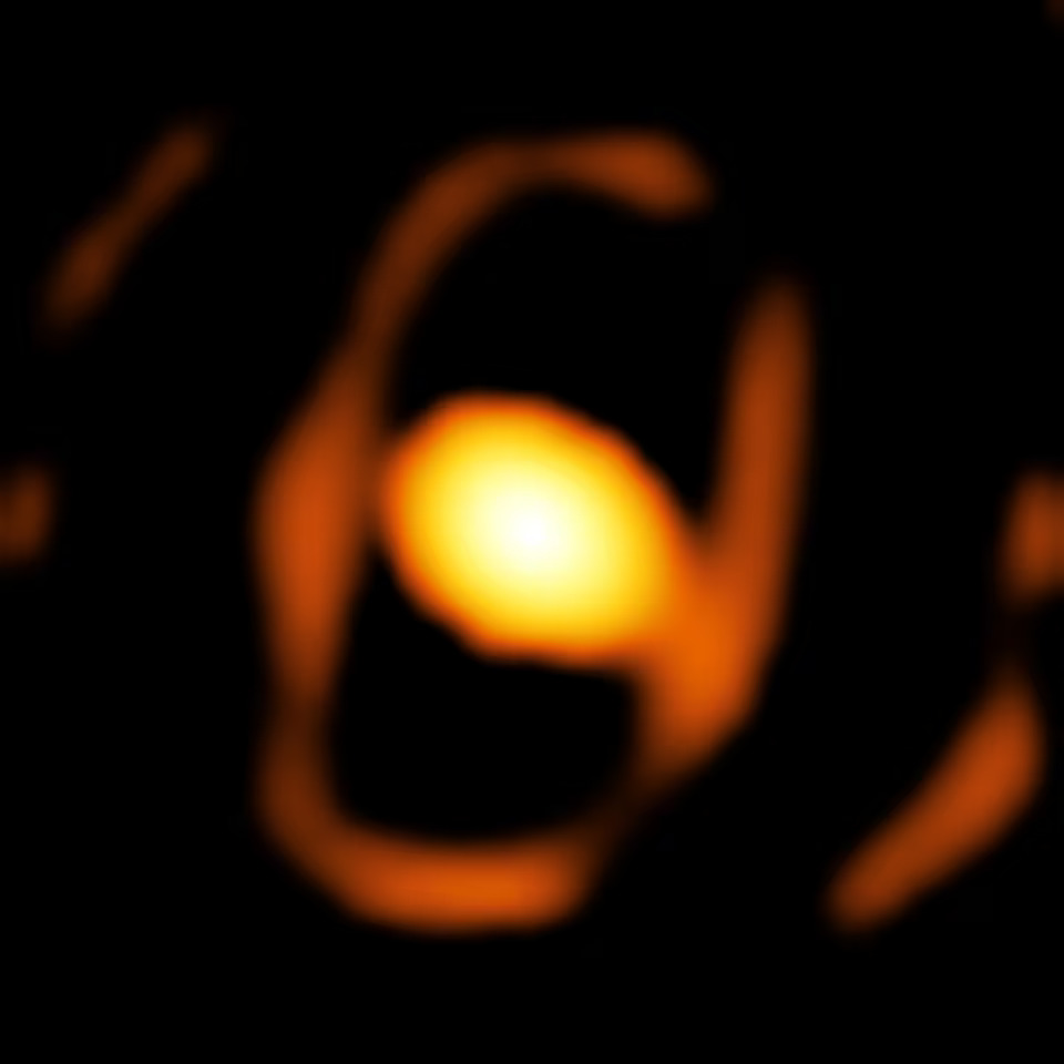 An undated handout image of the star WOH G64, taken by the GRAVITY instrument on the European Southern Observatory's Very Large Telescope Interferometer (ESO's VLTI). This is the first close-up picture of a star outside our galaxy, the Milky Way. The star is located in the Large Magellanic Cloud galaxy, over 160 000 light-years away from Earth. The bright oval at the centre of this image is a dusty cocoon that enshrouds the star. A fainter elliptical ring around it could be the inner rim of a dusty torus, but more observations are needed to confirm this feature. Photo: Reuters