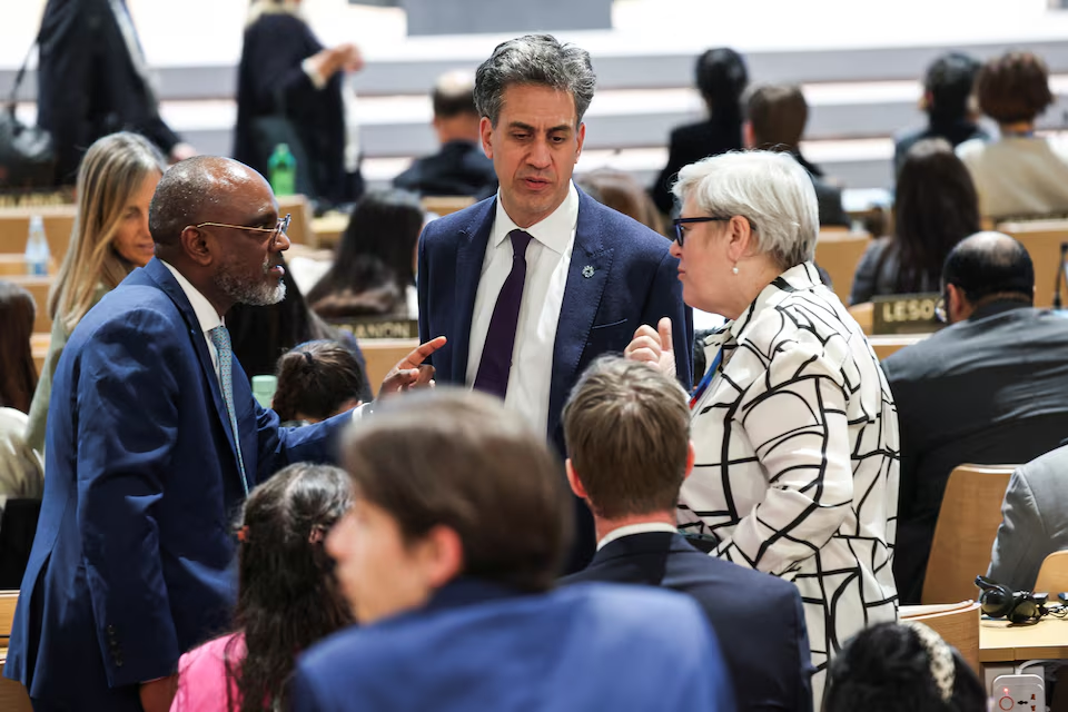 Adonia Ayebare, Chair of the G77 group of developing countries, Ed Miliband, Britain's Secretary of State for Energy Security and Net Zero and the UK Special Representative on Climate Rachel Kyte attend a closing plenary meeting, during the COP29 United Nations Climate Change Conference, in Baku, Azerbaijan November 24, 2024. Photo: Reuters