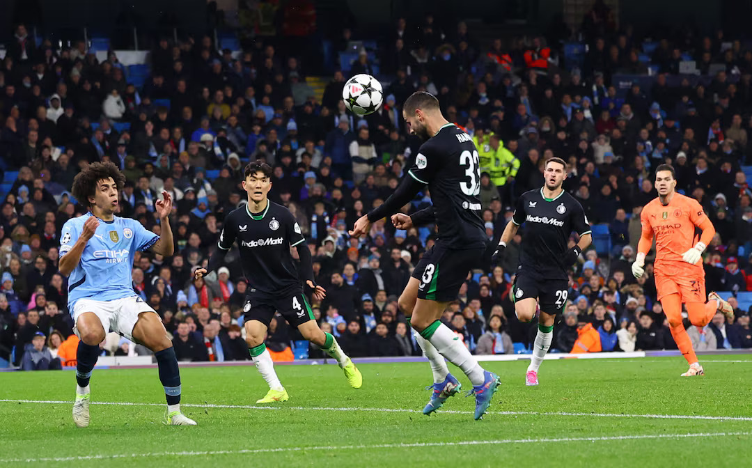 Soccer Football - Champions League - Manchester City v Feyenoord - Etihad Stadium, Manchester, Britain - November 26, 2024 Feyenoord's David Hancko scores their third goal. Photo: Reuters