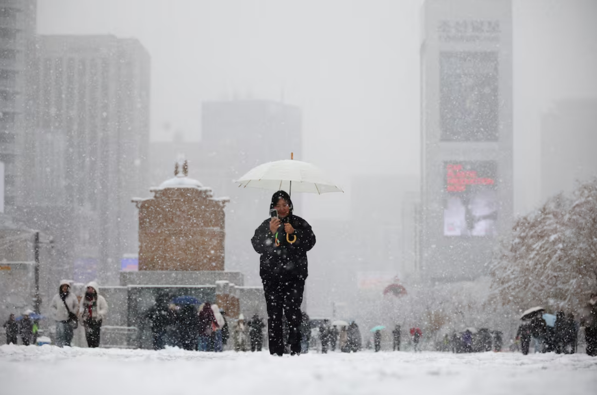 A woman using a smart phone walks during heavy snow fall in central Seoul, South Korea, November 27, 2024. Photo: Reuters