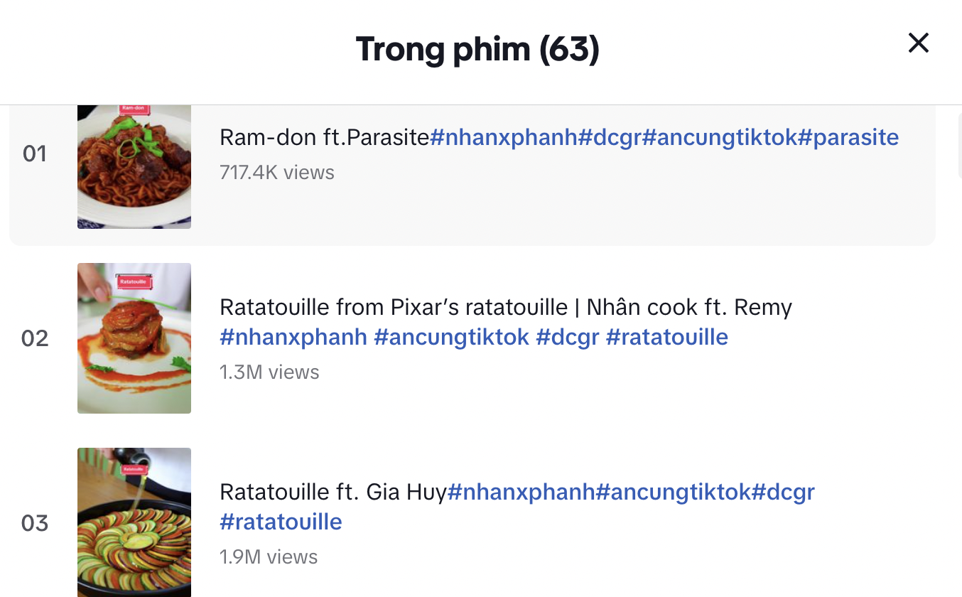 A screenshot shows videos of movie dishes Nhan recreated on his TikTok channel.