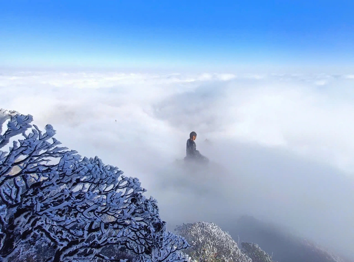 An area with a Buddha statue surrounded by frost and clouds on top of Fansipan, Vietnam’s highest peak, in Sa Pa Town, Lao Cai Province, northern Vietnam. Photo: Supplied