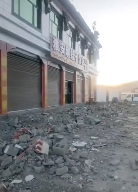 Rubble lies near damaged property, following an earthquake, in Lhatse County, Shigatse City, Tibet Autonomous Region, China, January 7, 2025, in this screen grab taken from a social media video. Photo: Reuters