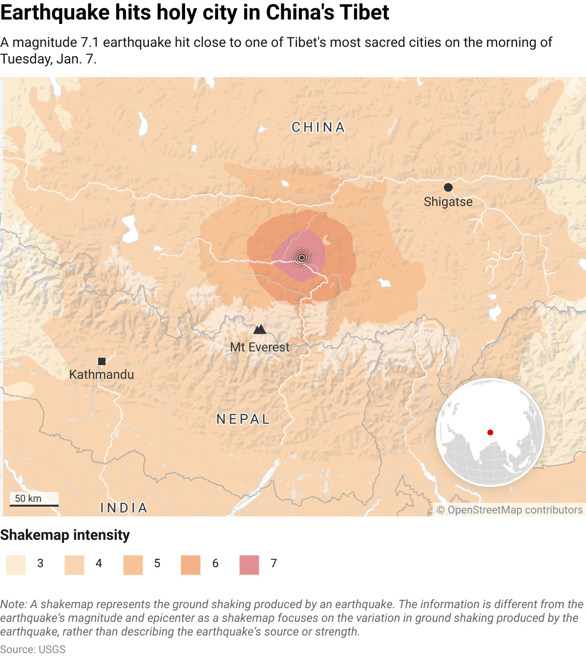 A magnitude 7.1 earthquake hit close to one of Tibet's most sacred cities on the morning of Tuesday, January 7