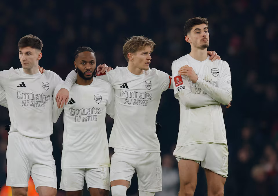 [4/5]Soccer Football - FA Cup - Third Round - Arsenal v Manchester United - Emirates Stadium, London, Britain - January 12, 2025 Arsenal's Kai Havertz with teammates during the penalty shoot-out. Photo: Reuters