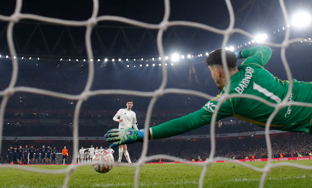 [3/5]Soccer Football - FA Cup - Third Round - Arsenal v Manchester United - Emirates Stadium, London, Britain - January 12, 2025 Arsenal's Kai Havertz has his shot saved by Manchester United's Altay Bayindir during the penalty shoot-out. Photo: Reuters