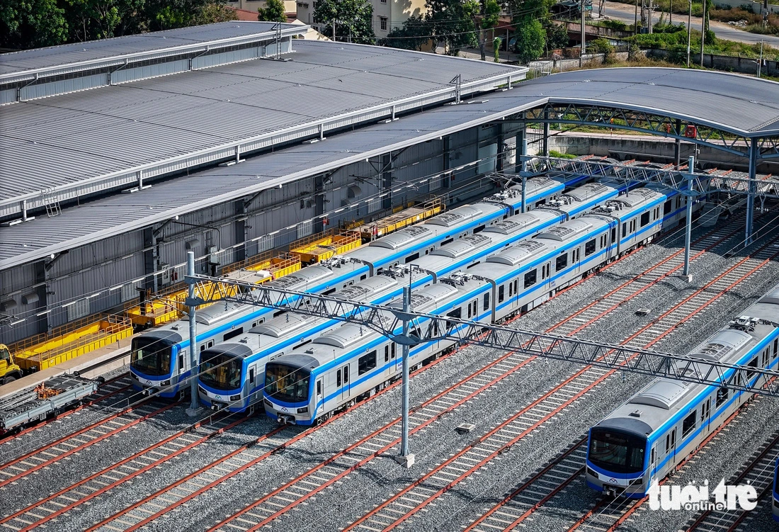 Trains of the first metro line in Ho Chi Minh City are parked at the Long Binh Depot in Thu Duc City. Photo: Chau Tuan / Tuoi Tre