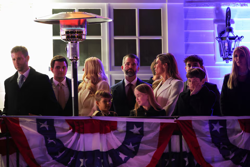 Eric Trump, Donald Trump Jr. and Ivanka Trump watch the fireworks display ahead of the inauguration of U.S. President-elect Donald Trump, at Trump National Golf Club Washington DC in Sterling, Virginia, U.S., January 18, 2025. Photo: Reuters