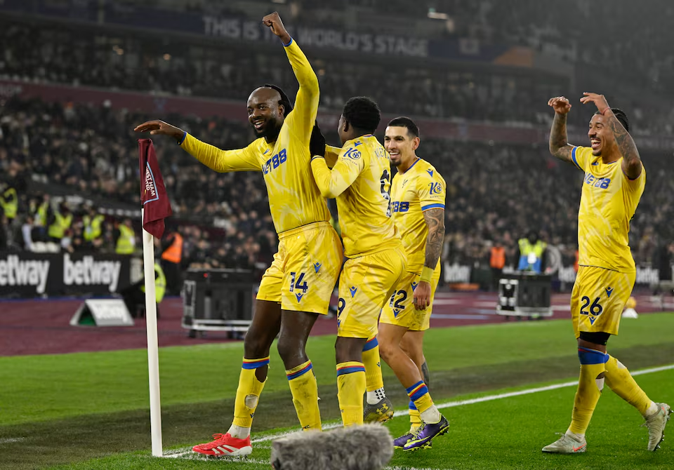 Soccer Football - Premier League - West Ham United v Crystal Palace - London Stadium, London, Britain - January 18, 2025 Crystal Palace's Jean-Philippe Mateta celebrates scoring their second goal with teammates. Photo: Reuters