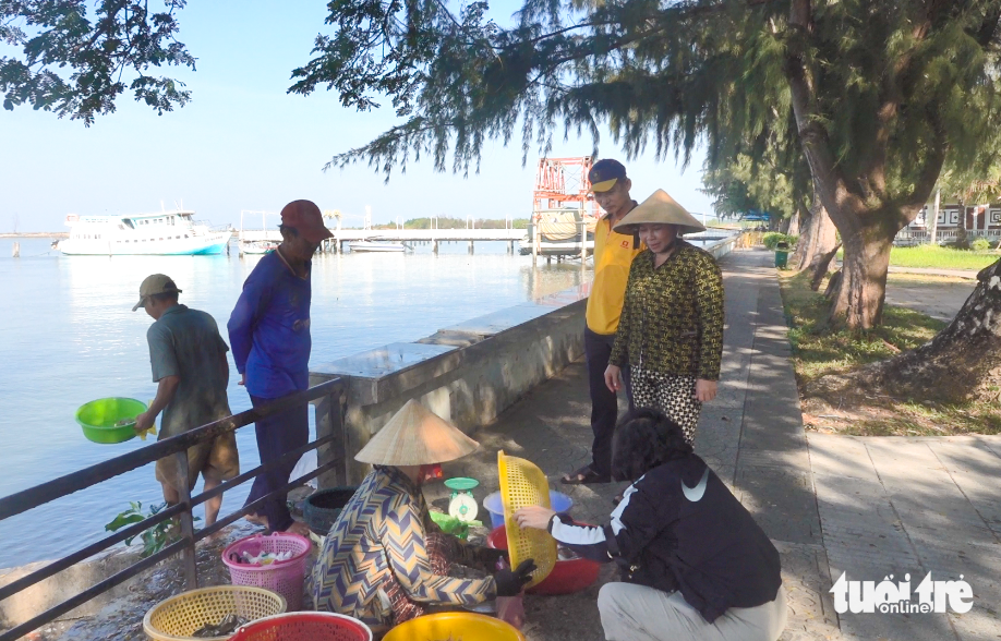 Hoang Thi Yen sells fresh catch at an embankment in Kien Giang Province, southern Vietnam. Photo: Chi Cong / Tuoi Tre