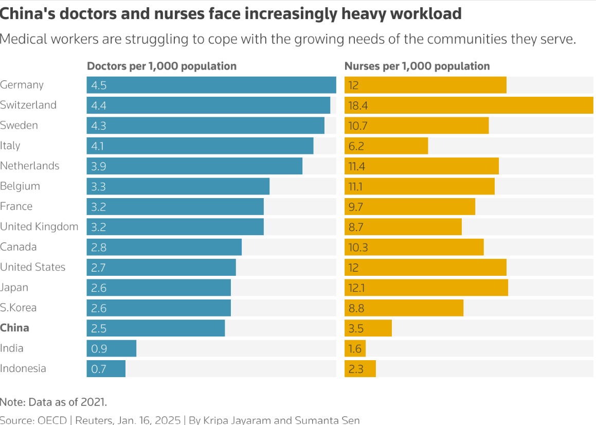 The split bar chart shows number of doctors and nurses per 1000 people for select developed and emerging economies.